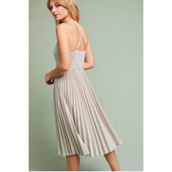 NWT Anthropologie Elevenses Dress Lunar Pleated Silver Sparkle Midi Straps 14 - Picture 4 of 8